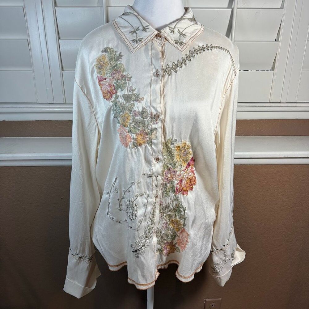 Vintage Johnny Was Silk Blouse Embroidered Floral Stitching Sz XL Boho Chic 90s